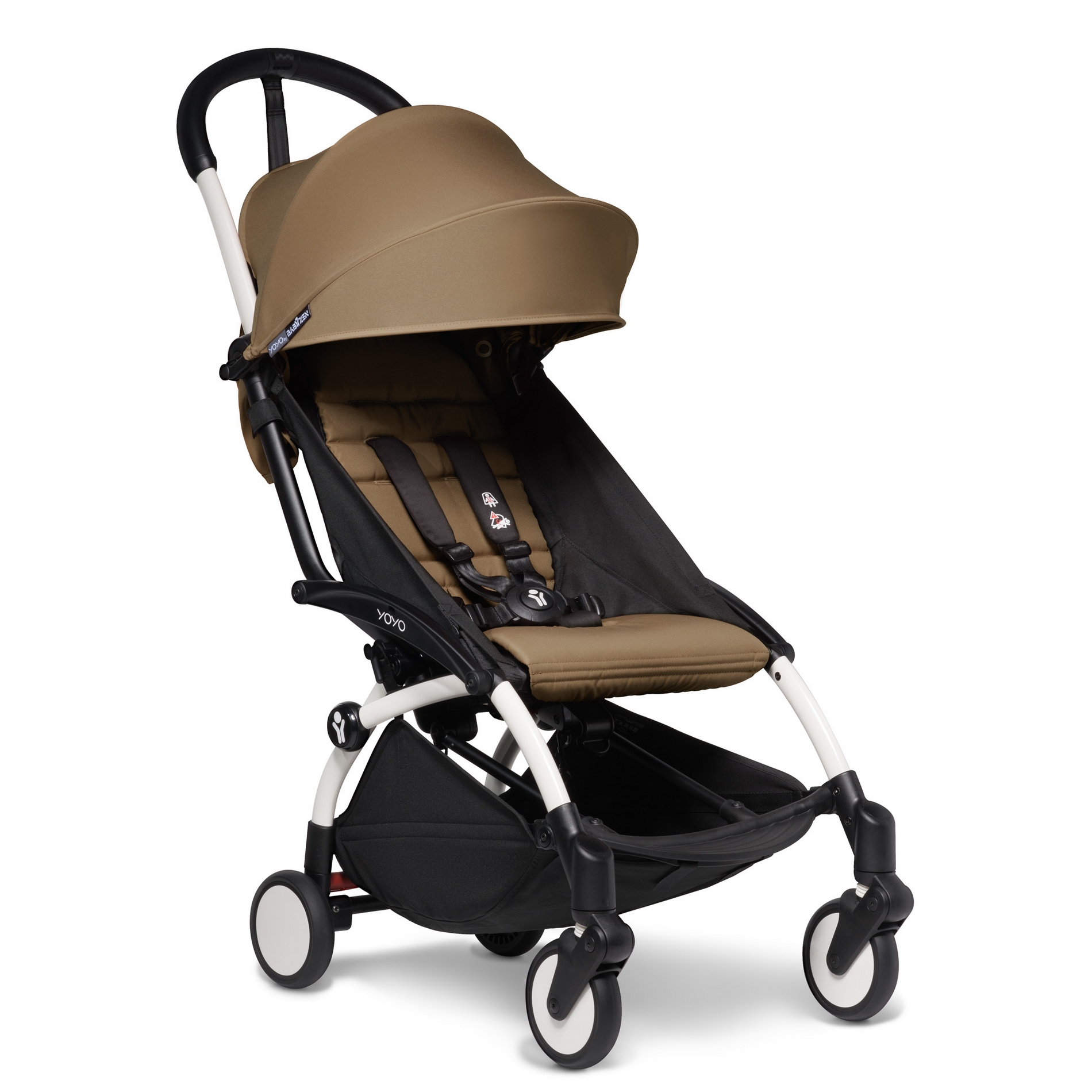 Cochecito Yoyo Babyzen silla paseo compacta y ligera. Chasis blanco, silla de paseo toffee